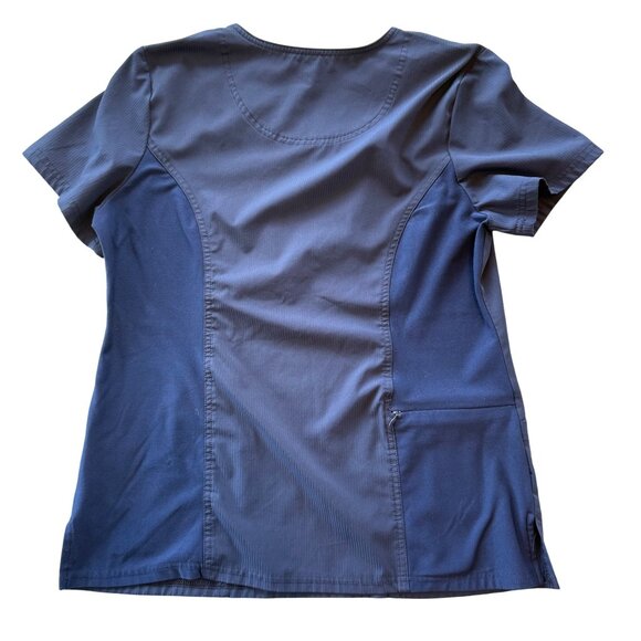 Elle Womens Navy Blue Medical Scrub Top Medium Side Zip Stretch Pockets Lightwei - Picture 5 of 7
